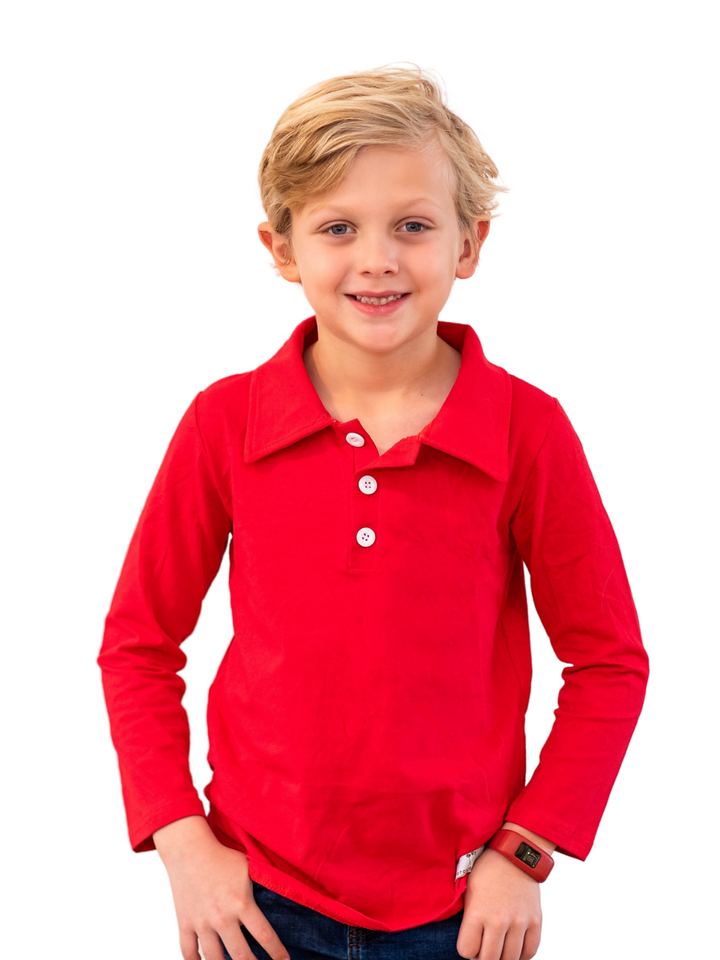 Knit Long Sleeve Polo Shirt - Red
