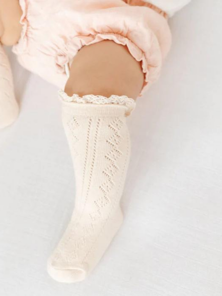 Fancy Lace Top Knee High Socks - Vanilla | Little Stocking Co.